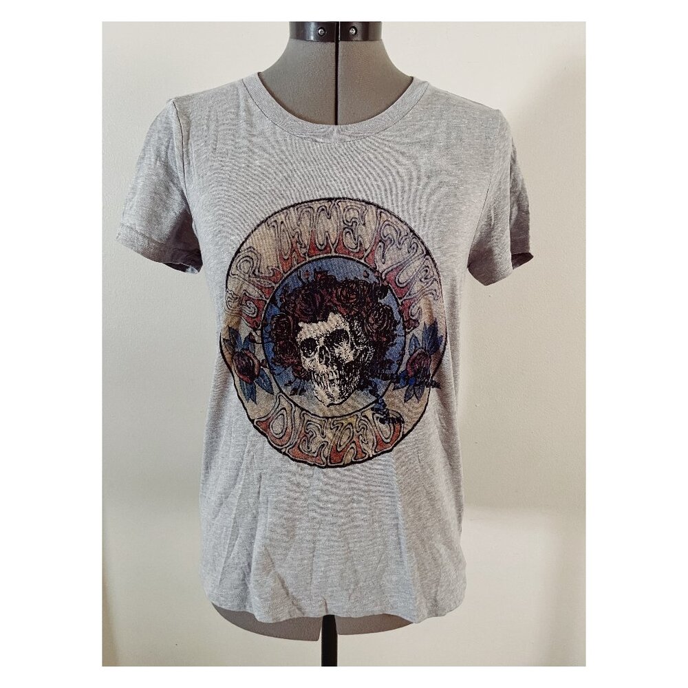 Lucky Brand sz XS Grateful Dead Band Logo Tee Roses on Gray Knit